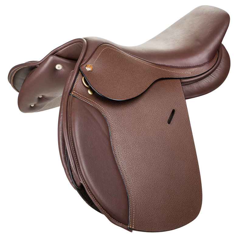 Brown close contact English saddle with leather seat, flap, and stirrup straps