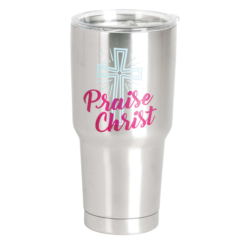 Stainless steel tumbler with clear lid, blue cross and “Praise Christ” graphic