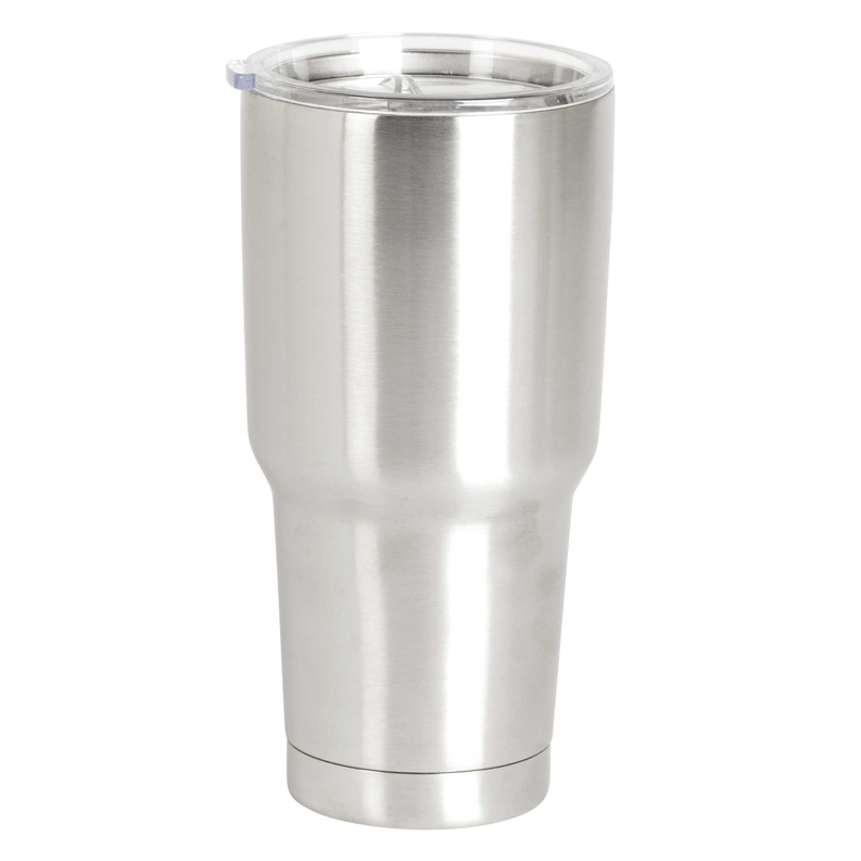 Stainless steel tumbler with clear lid, brushed metal finish, no visible text