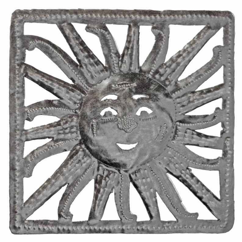 Square metal sun plaque, recycled steel finish, smiling face with radiating spokes