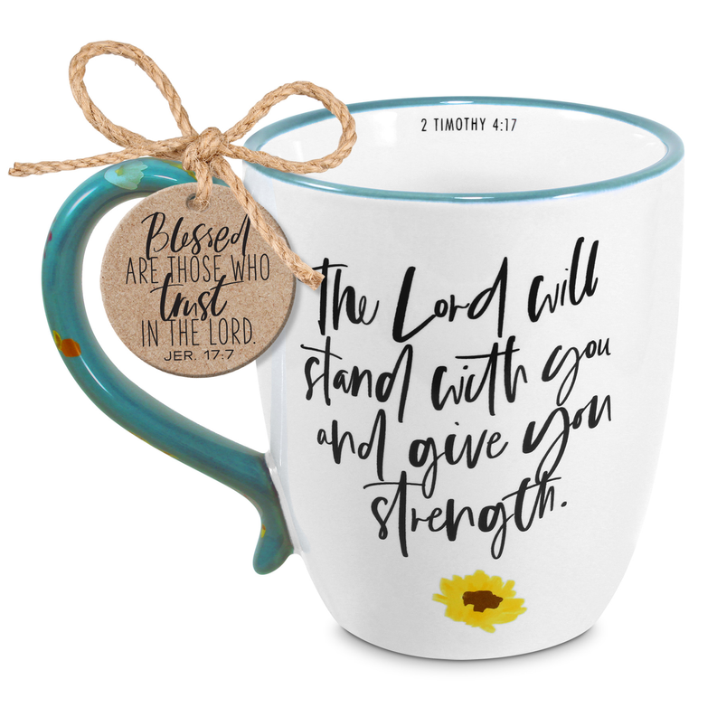 Teal-handled 19 oz coffee mug with hanging kraft tag and scripture quote print.