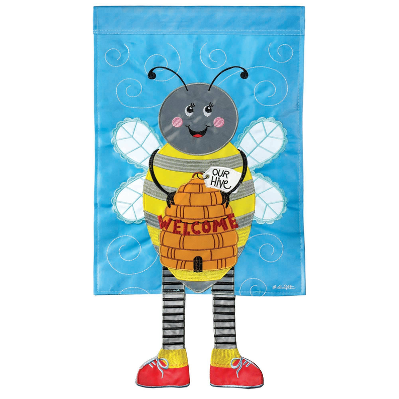 Vertical kids fabric flag with cartoon honeybee wearing striped beehive outfit and waving legs