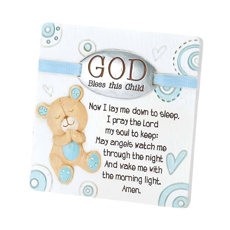 Religious resin plaque with teddy bear and blue heart accents; "God Bless this Child".