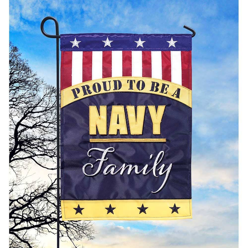 Navy family garden flag with stars and stripes, hanging on two metal hooks