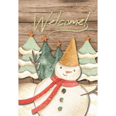 Snowman garden flag: 'Welcome!' text, pine trees, stars, and smiling snowman