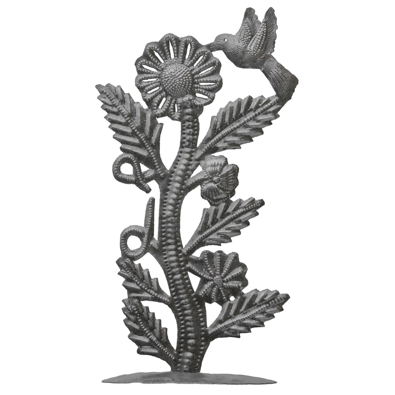 Freestanding hummingbird and sunflower metal sculpture stake in recycled steel.