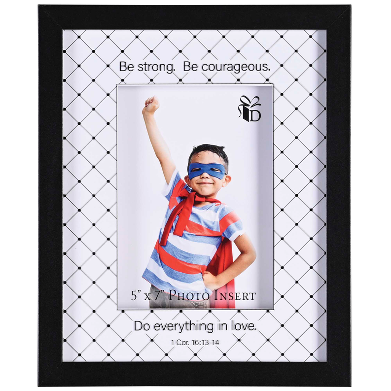 Black photo frame with 5x7 photo insert, grid background, 'Be strong' quote