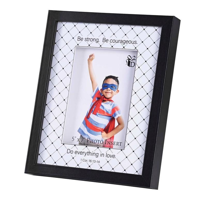 Black photo frame, angled view, 5x7 photo insert with 'Be courageous' text