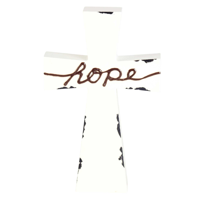 White tabletop cross with brown Hope script and black speckled accents, enamel-look finish.