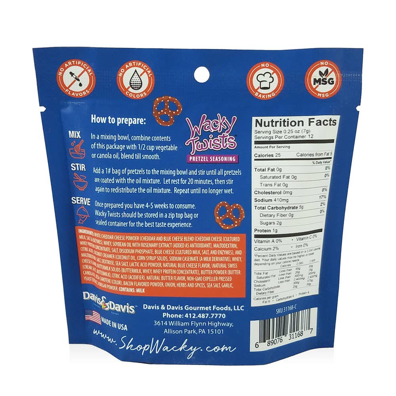 Back of blue pretzel seasoning pouch showing nutrition facts and prep directions