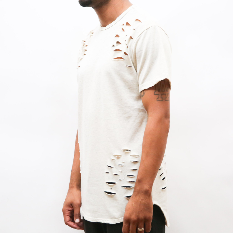 Distressed sand T-shirt with shredded shoulder and side panels
