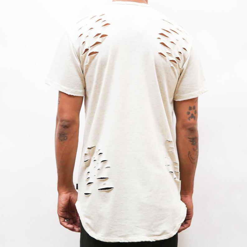 Distressed sand T-shirt, back view with cutout rips along shoulders and hem