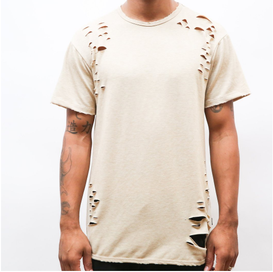 Distressed sand T-shirt, front view with shredded patches at shoulders and sides