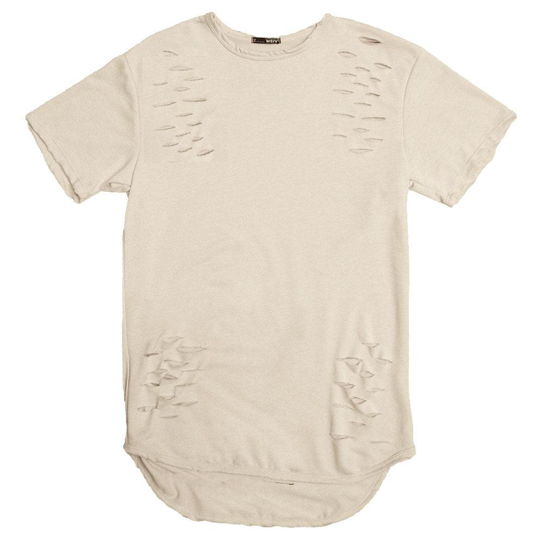 Sand distressed T-shirt flat lay with ripped detailing on chest and sleeves