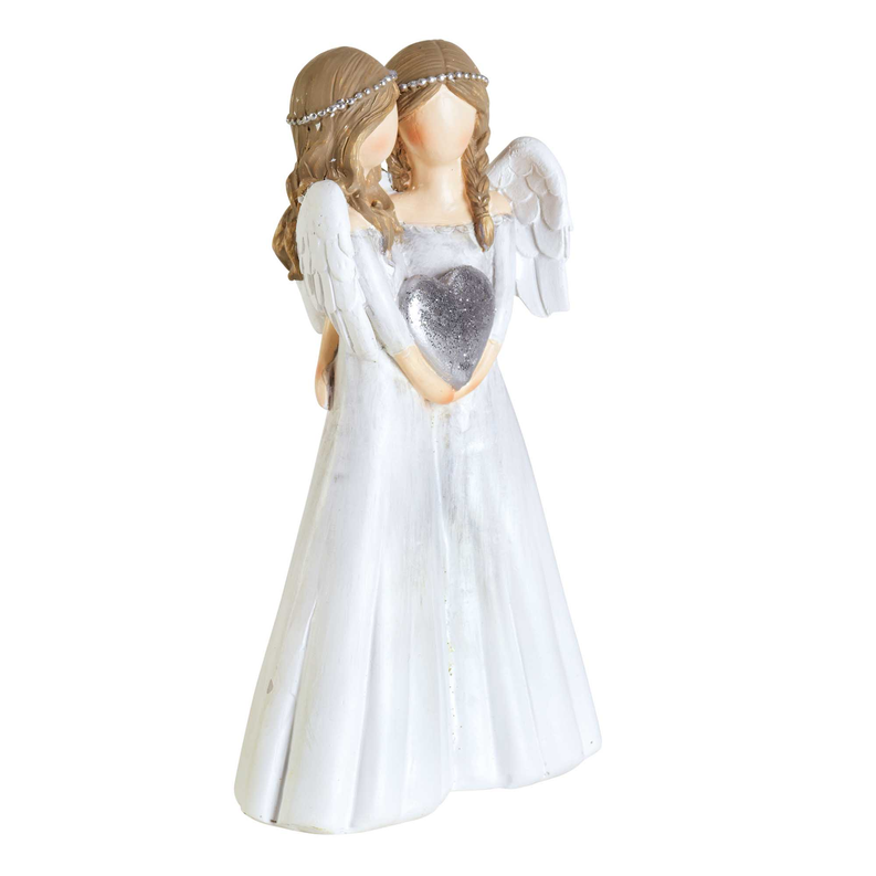 Two white angel figurines with silver glitter heart and bead headbands, standing together