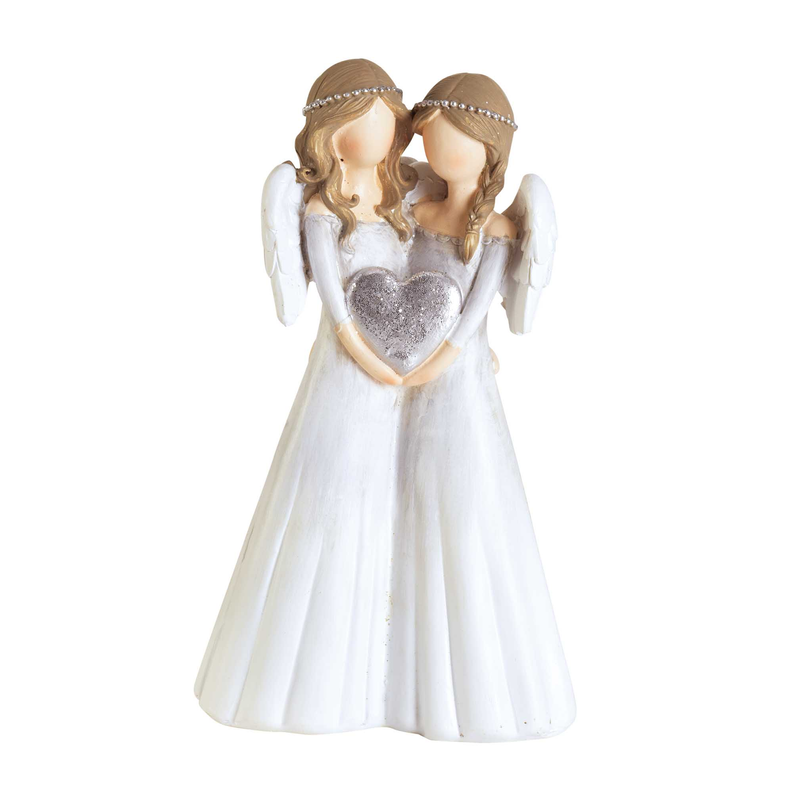 Pair angel figurines in white gowns with silver glitter heart and winged arms