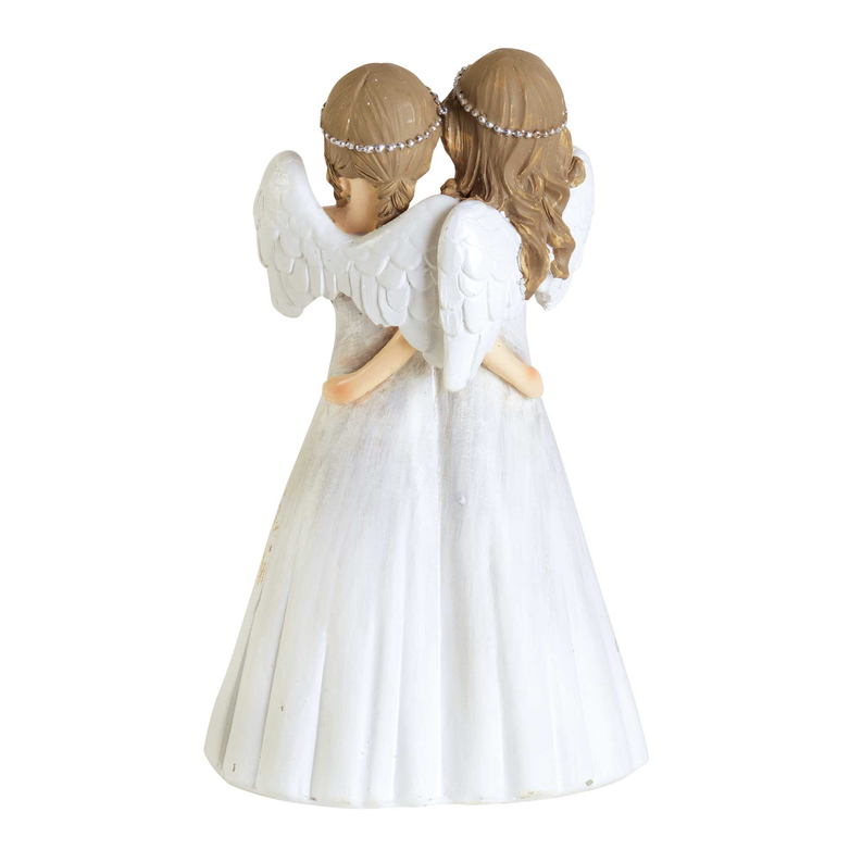 Pair angel figurines in white gowns with feather wings and beaded halos, back view