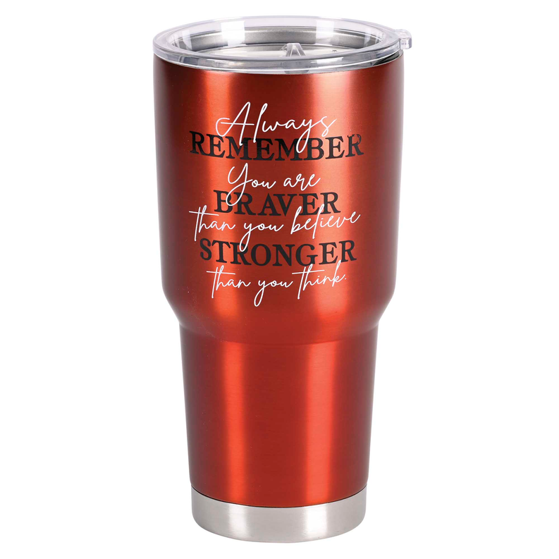 30 oz red insulated tumbler with lid and quote wrap: 'Always remember...'