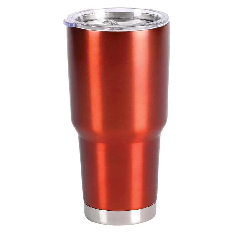 30 oz red insulated tumbler with clear lid, plain stainless finish