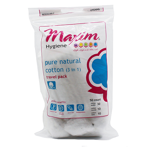 Maxim Hygiene pure natural cotton travel pack, resealable pouch, 50 count label