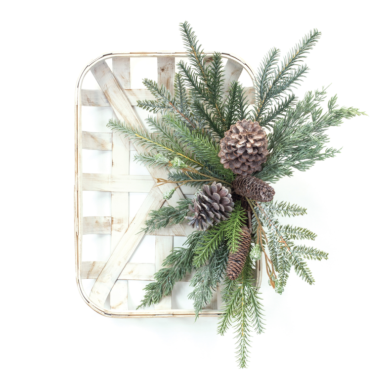Wood wall hanging with faux pine needles and three pinecones, arched frame