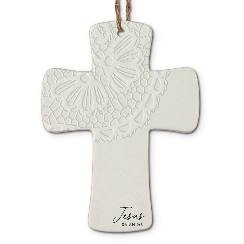White lace cross Christmas ornament with Jesus and Isaiah 9:6 text
