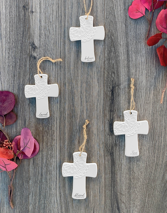Set of white lace cross Christmas ornaments, Jesus and Isaiah 9:6 on tags