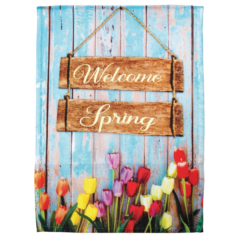 Spring tulip garden flag with hanging wood-style sign reading "Welcome Spring"