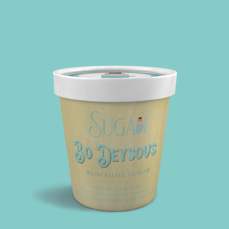 Ice cream cup with white lid and beige label, printed dessert name and script