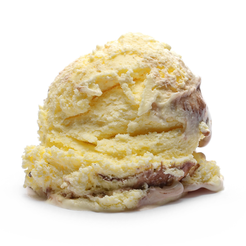 Sundae scoop with yellow cake crumb, vanilla cream, and pale filling