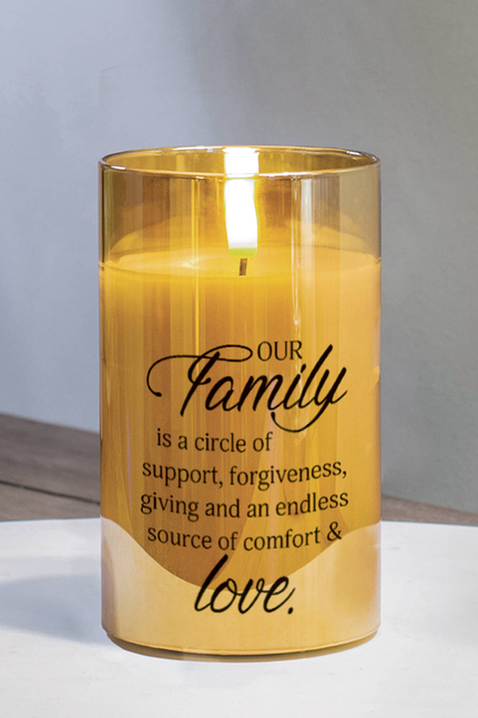 Amber glass LED candle with "Our Family" quote, "circle of love" text on front