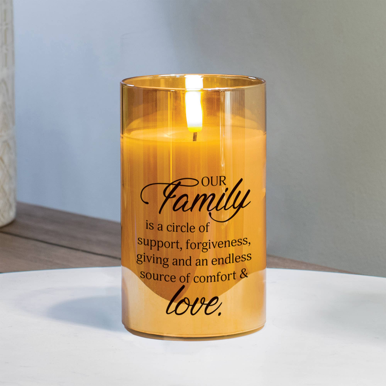 Amber glass LED candle with gold look, front reads "Our Family" circle quote