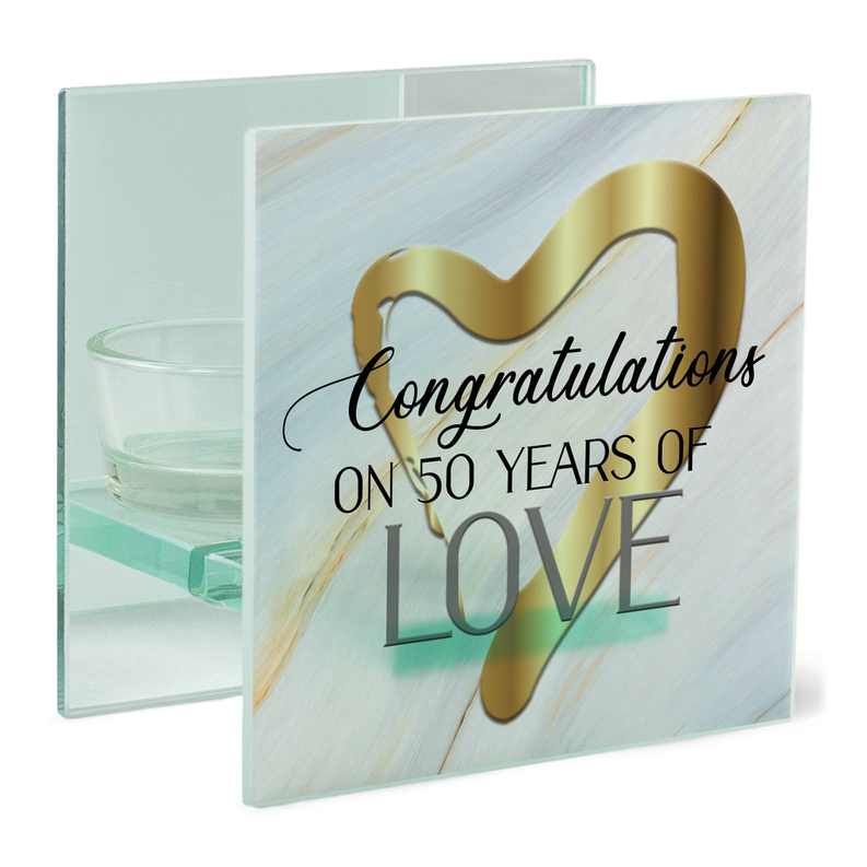 Tealight holder with glass cup and 'Congratulations on 50 Years of Love' card