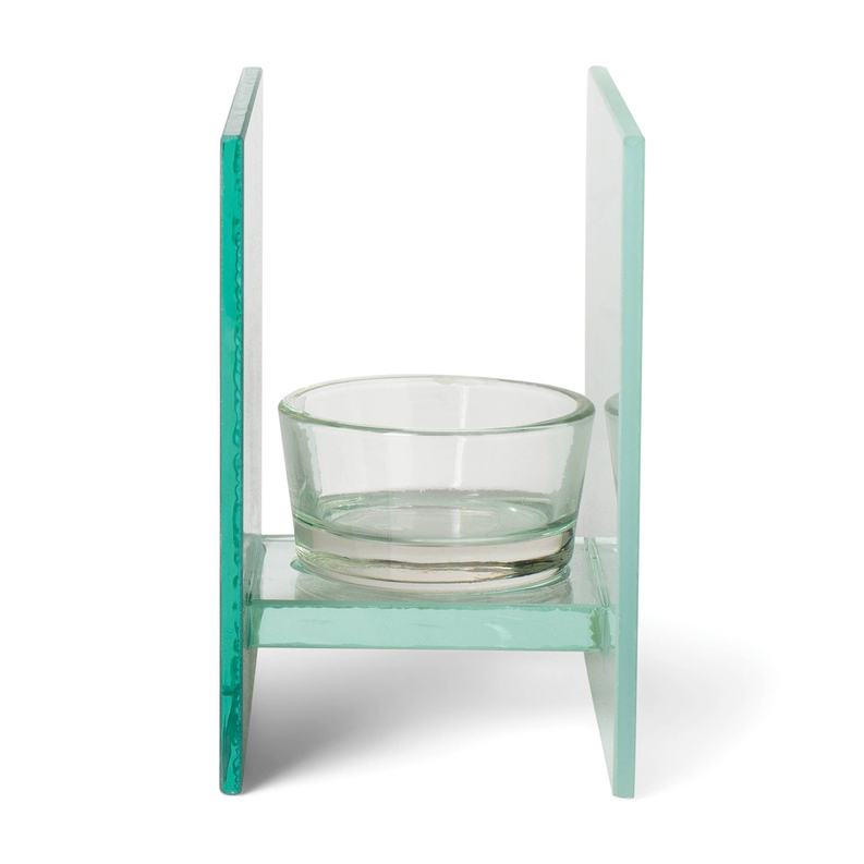 Tealight holder with teal glass base and clear glass tealight cup
