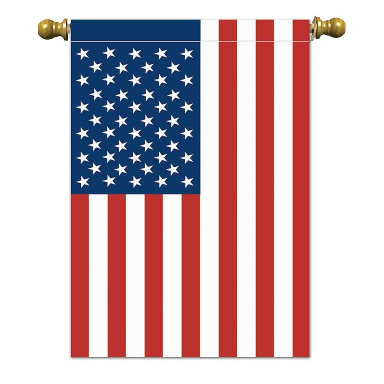 Hanging American flag with blue star field and red-and-white vertical stripes