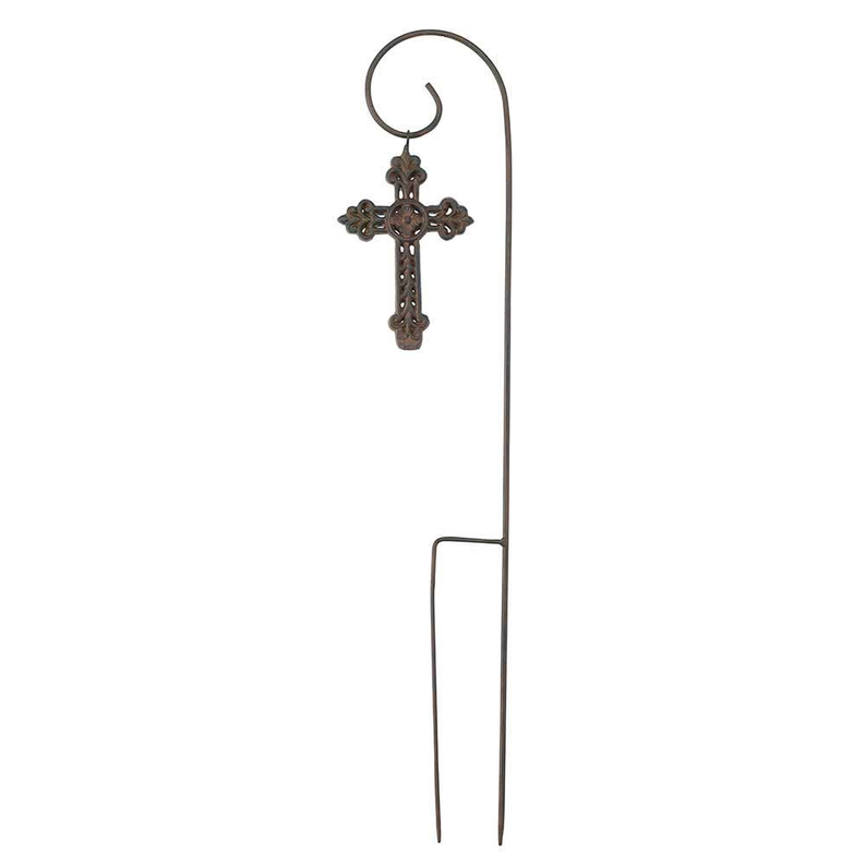 Removable garden metal cross stake with dark brown cross and two-prong base