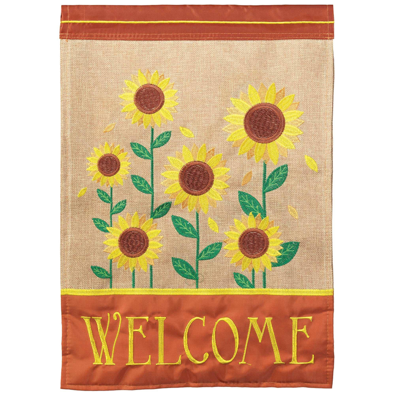 Sunflower burlap welcome garden flag with orange trim and “WELCOME” lettering