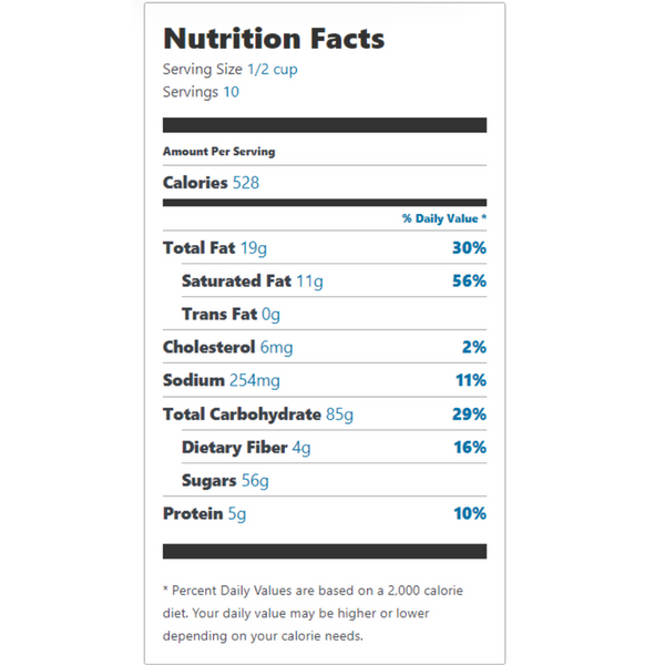Nutrition facts label for Hot Chocolate Snax, serving size 1/2 cup