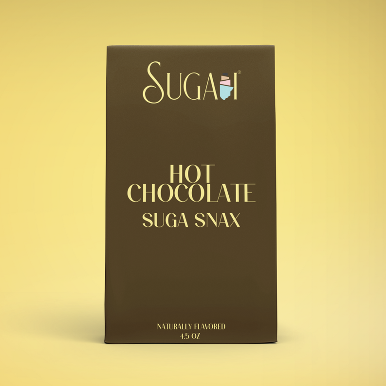 Hot Chocolate Snax product box with SUGA logo and hot chocolate flavor text