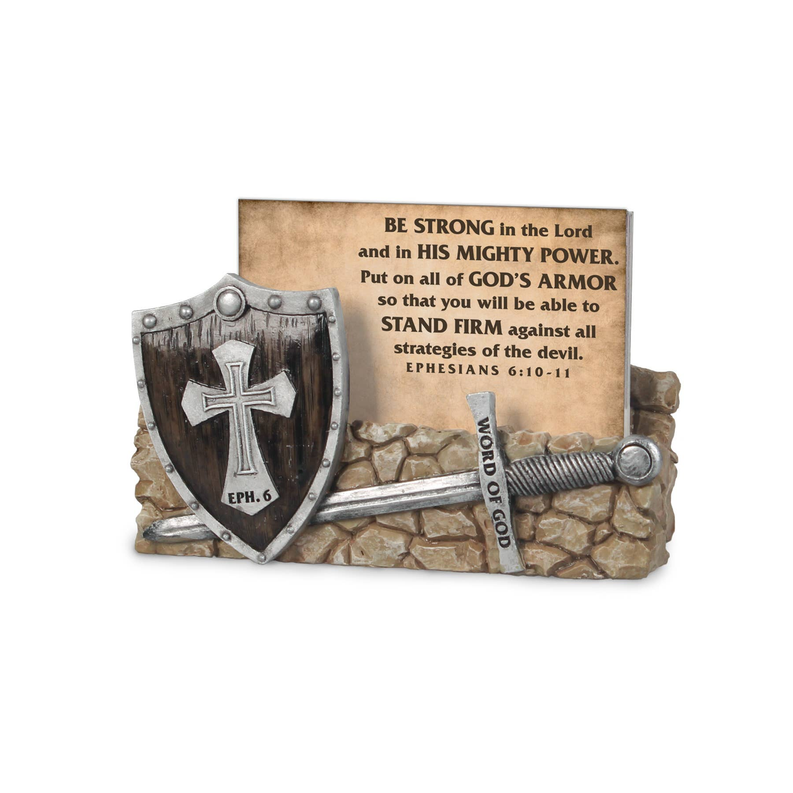 Burlap door banner with stone wall, shield and cross emblem, and inspirational Bible verse