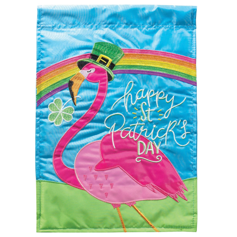 Flamingo banner flag with rainbow arc, green hat, and Happy St Patrick's Day lettering