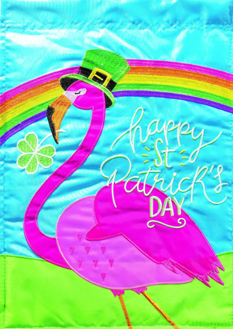 Flamingo banner flag close-up with rainbow arc and Happy St Patrick's Day lettering