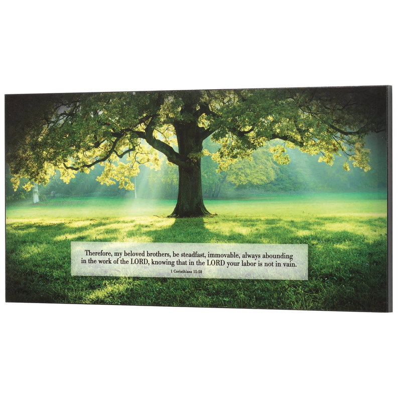 Framed wall plaque featuring green tree scene and centered quote strip