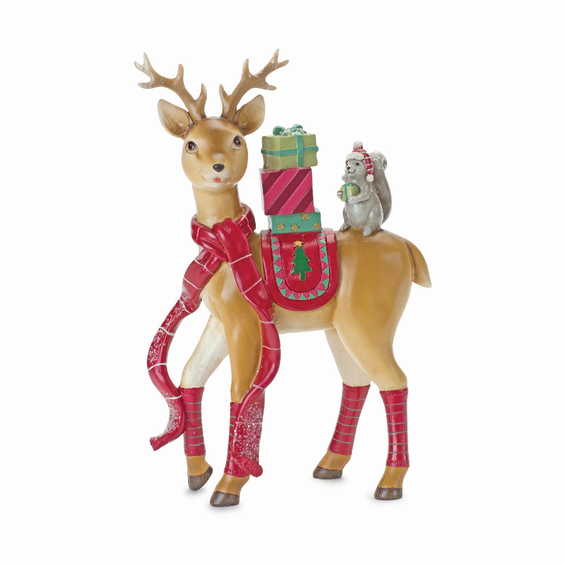 10-inch resin deer figurine with dressed squirrel holding a gift, red and tan details