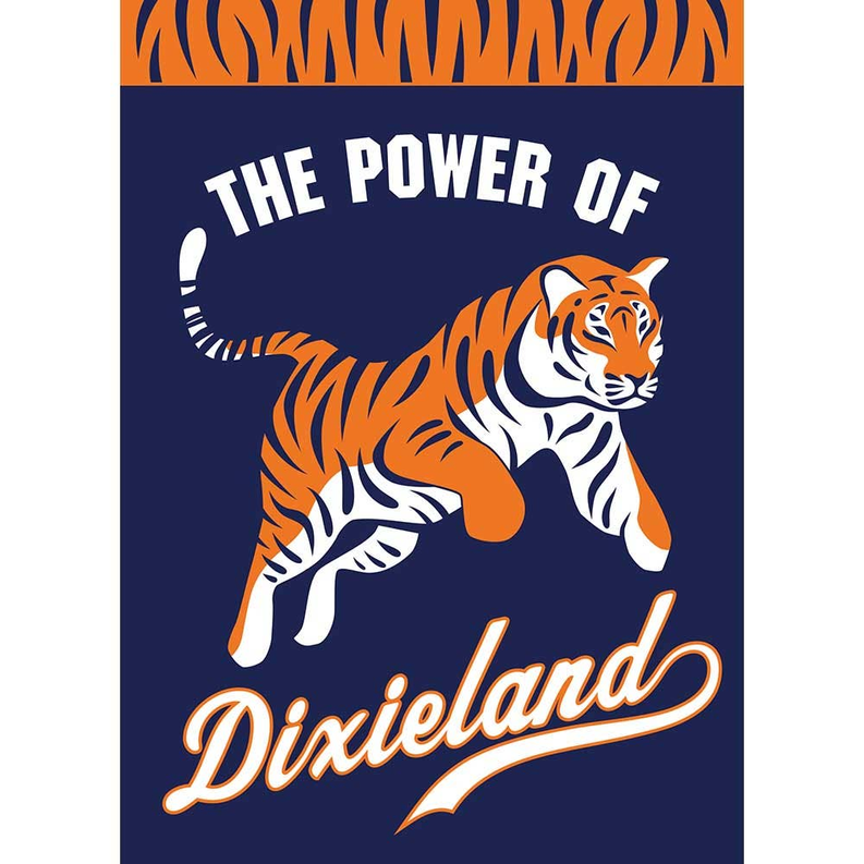 Close-up flag with orange tiger and “The Power of Dixieland” lettering on dark blue