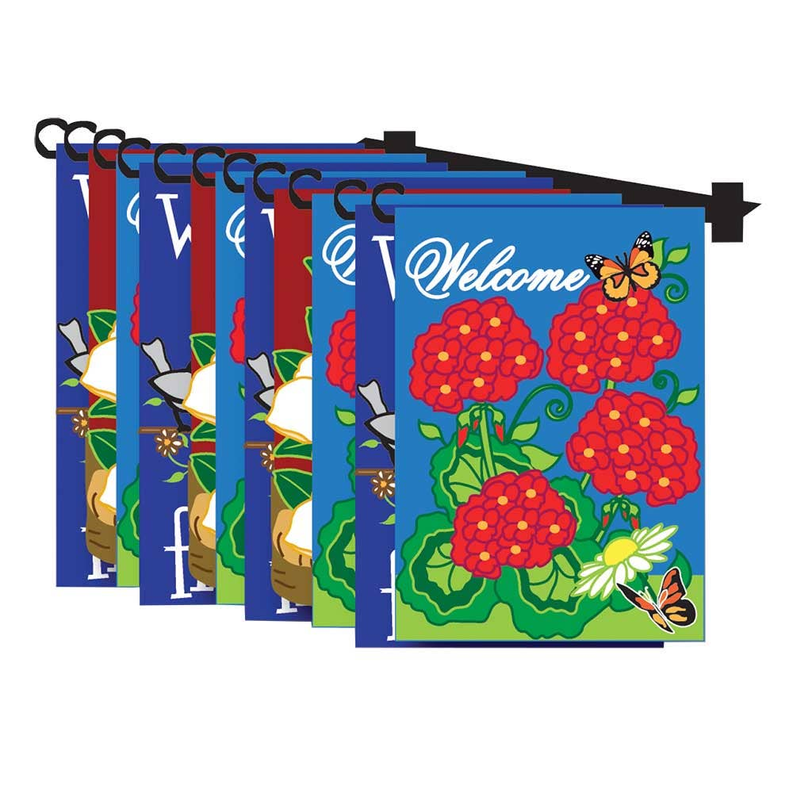 Set of garden flags with Welcome text and red flowers on blue background