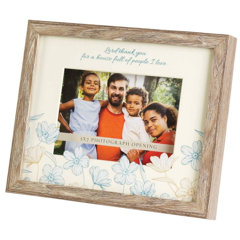 Wood wall photo frame front showing family photo, floral border, 5x7 opening