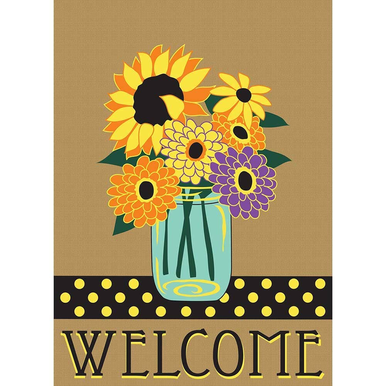 Garden welcome flag with floral sunflower bouquet and dotted trim, “WELCOME” text