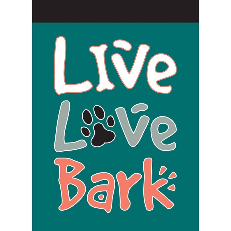 Live Love Bark dog-themed garden flag with colorful text and paw print graphics