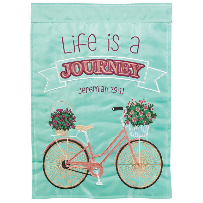 Mint poly garden flag with life is a journey text and bicycle illustration